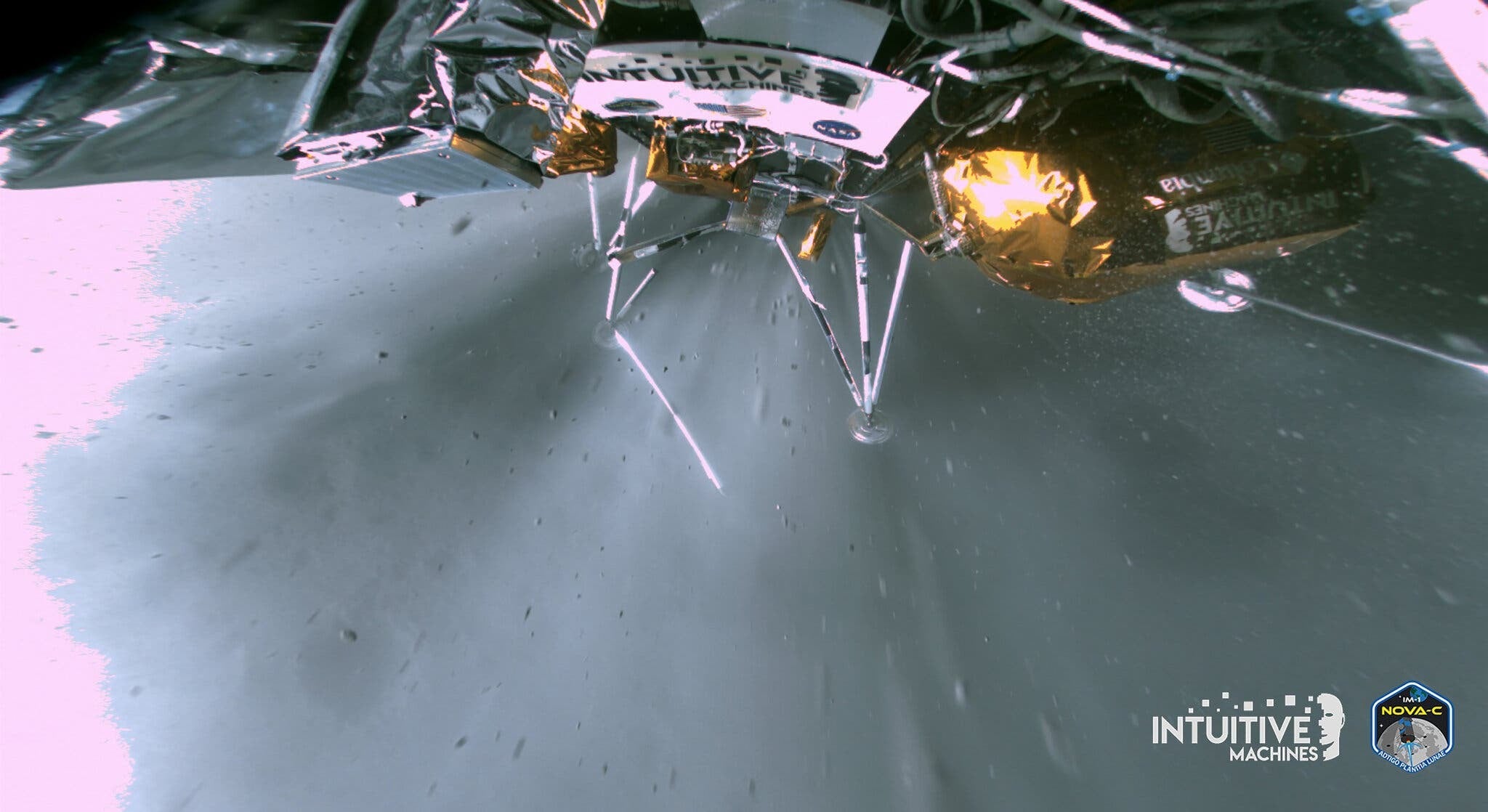 Odysseus on the Moon. The photo shows a piece of a landing gear leg that has broken off. Credit: Intuitive Machines
