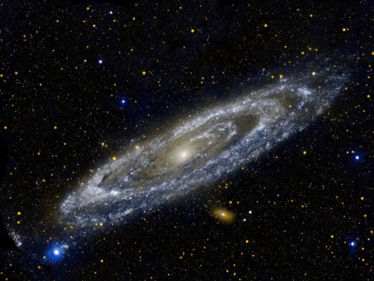 Hot, blue, young stars, as well as the gas and dusty cocoons in which they are forming, are on display in this UV view of Andromeda captured by GALEX.