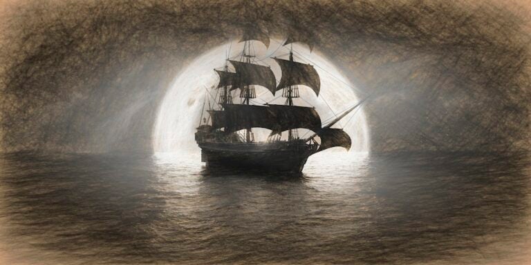 Black-and-white illustration of a sailing ship silhouetted against the Full Moon