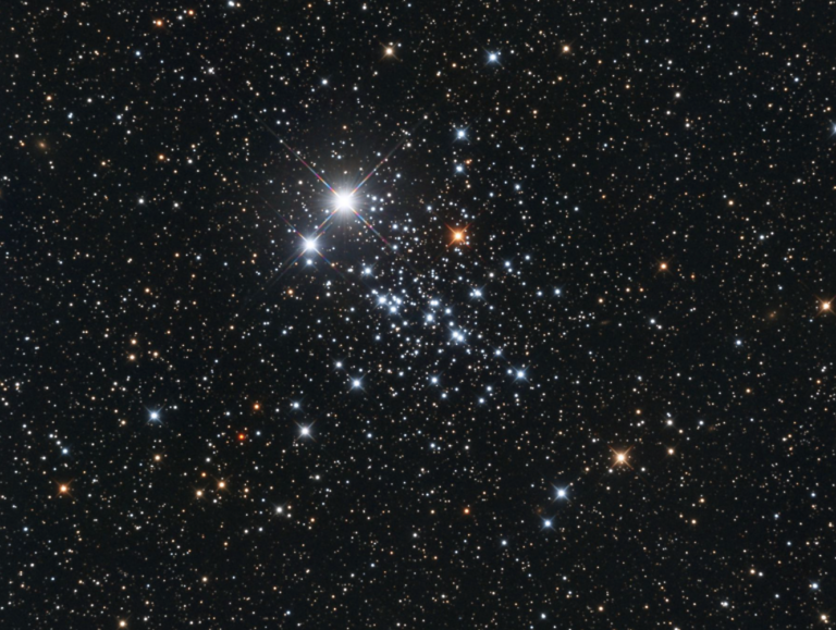 A collection of blue and orange and white stars against a deep black background