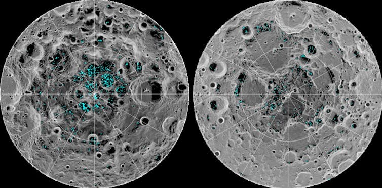 Two maps of the Moon, with craters marked in blue representing water ice. The south pole has more ice than the north pole.