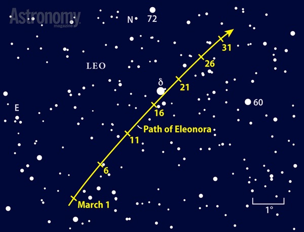 Main-belt asteroid Eleonora glows at 10th magnitude as it crosses a star-poor region in the hindquarters of Leo the Lion.