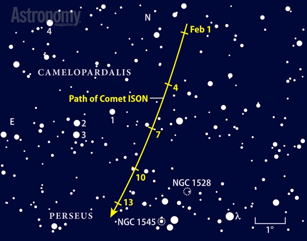 Comet ISON dims considerably as it moves from Camelopardalis into Perseus in early February