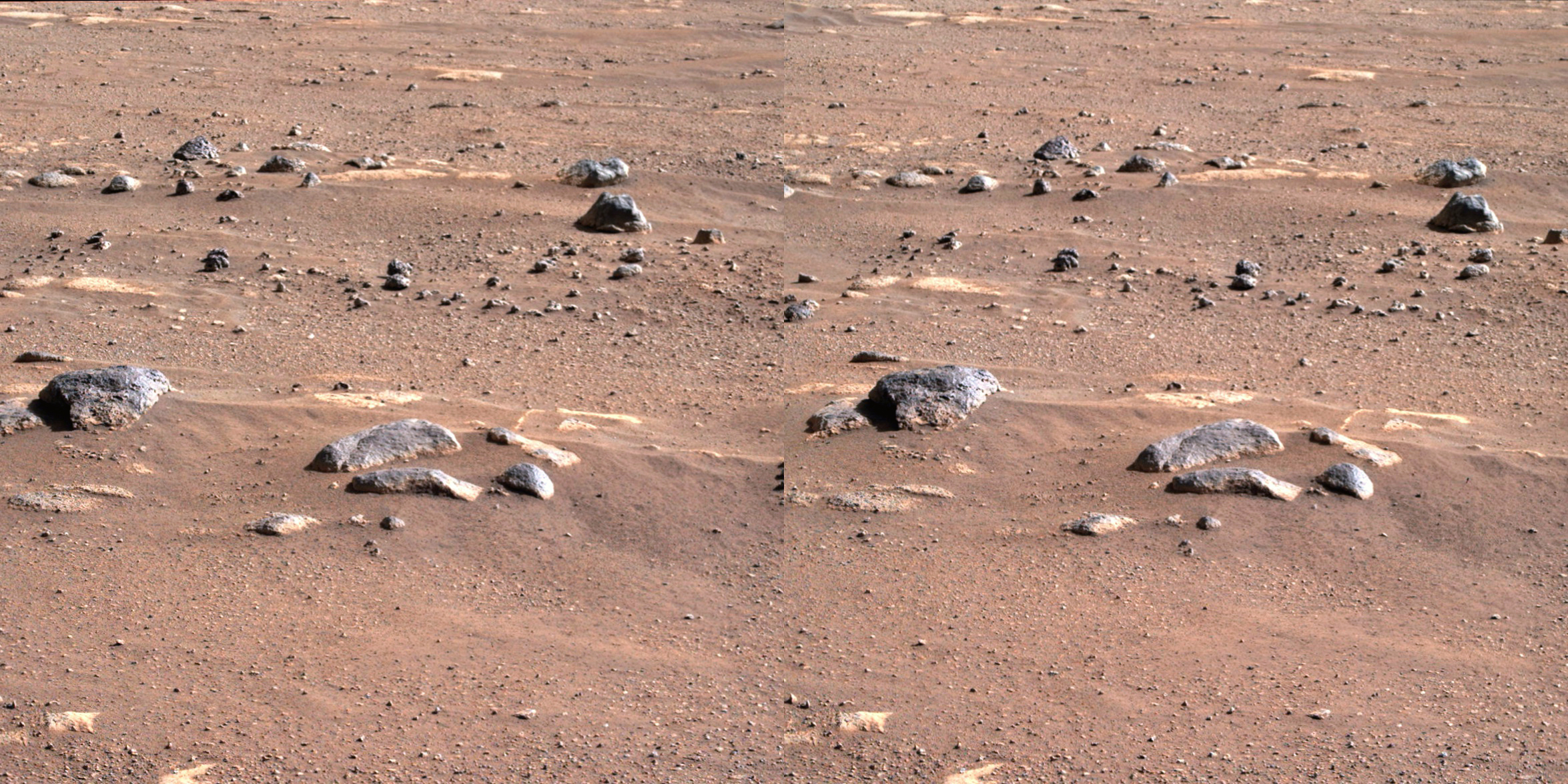 This stereo image was captured Feb. 21, 2021, during one of the first sols of the mission. Perseverance landed in the 28-mile-wide (45 km) Jezero Crater, which scientists suspect is an ancient lake and river delta — a perfect spot to start looking for traces of past life on Mars.
