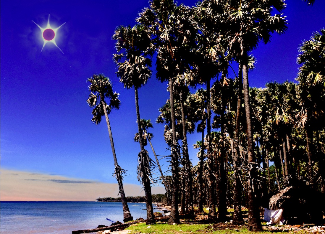 The author’s photo-illustration attempts to capture the unusual appearance of totality, as seen during the April 20, 2023, hybrid solar eclipse near Com, East Timor.