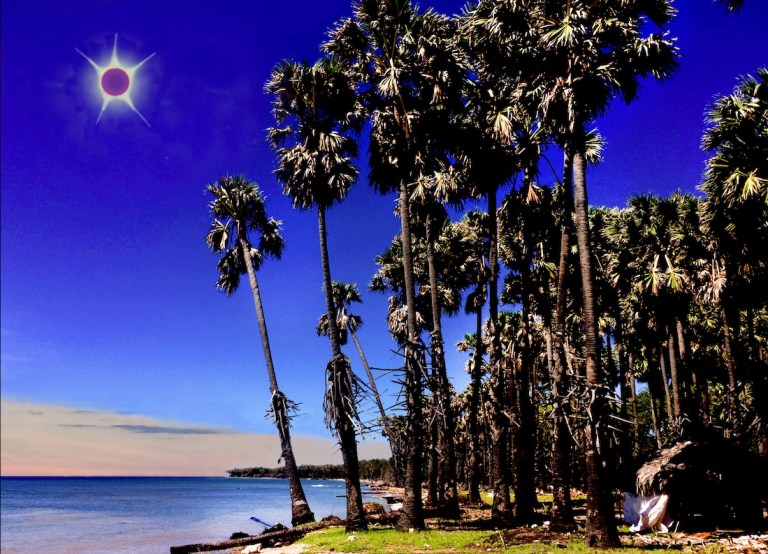 The author’s photo-illustration attempts to capture the unusual appearance of totality, as seen during the April 20, 2023, hybrid solar eclipse near Com, East Timor.