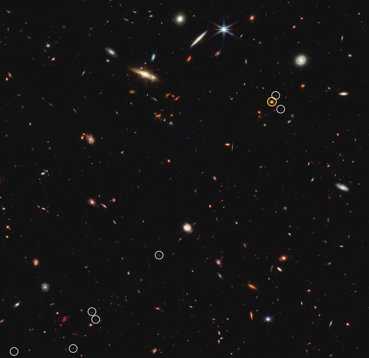 The quasar J0305-3150 (circled in yellow), anchors a filament of 10 galaxies that date to just 830 million years after the Big Bang. The 3-million-light-year-long filament is imaged here by JWST. (Some circles include more than one galaxy.)