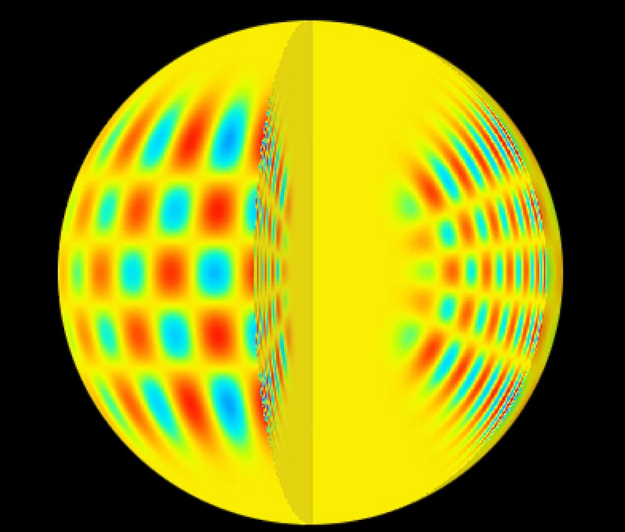 An artist’s concept shows how acoustic waves resonate inside a Sun-like star. Red and blue areas represent opposite directions of motion of the stellar material.
