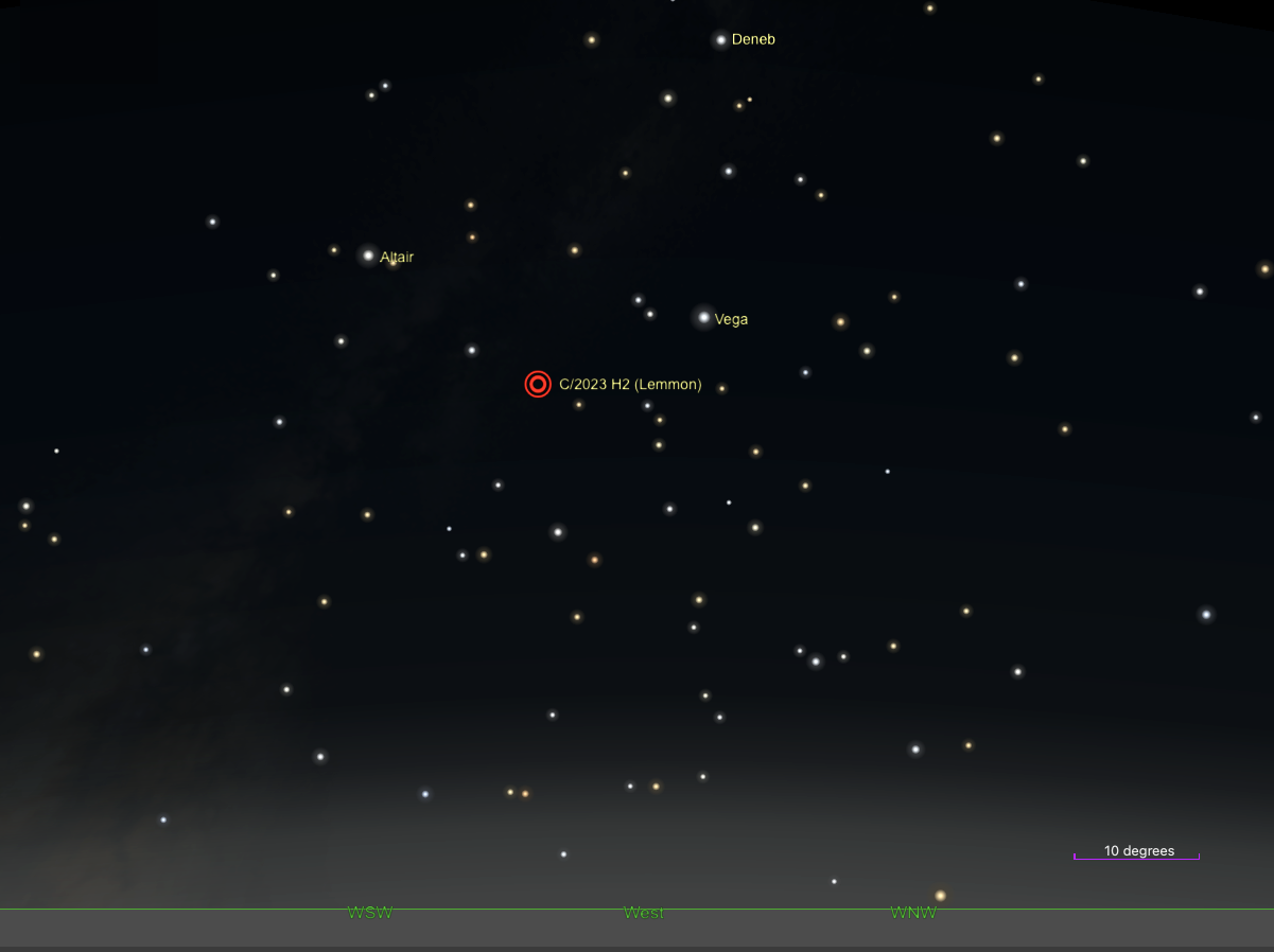 The position of the stars and Comet Lemmon on November 10, 2023, at 6 PM local time