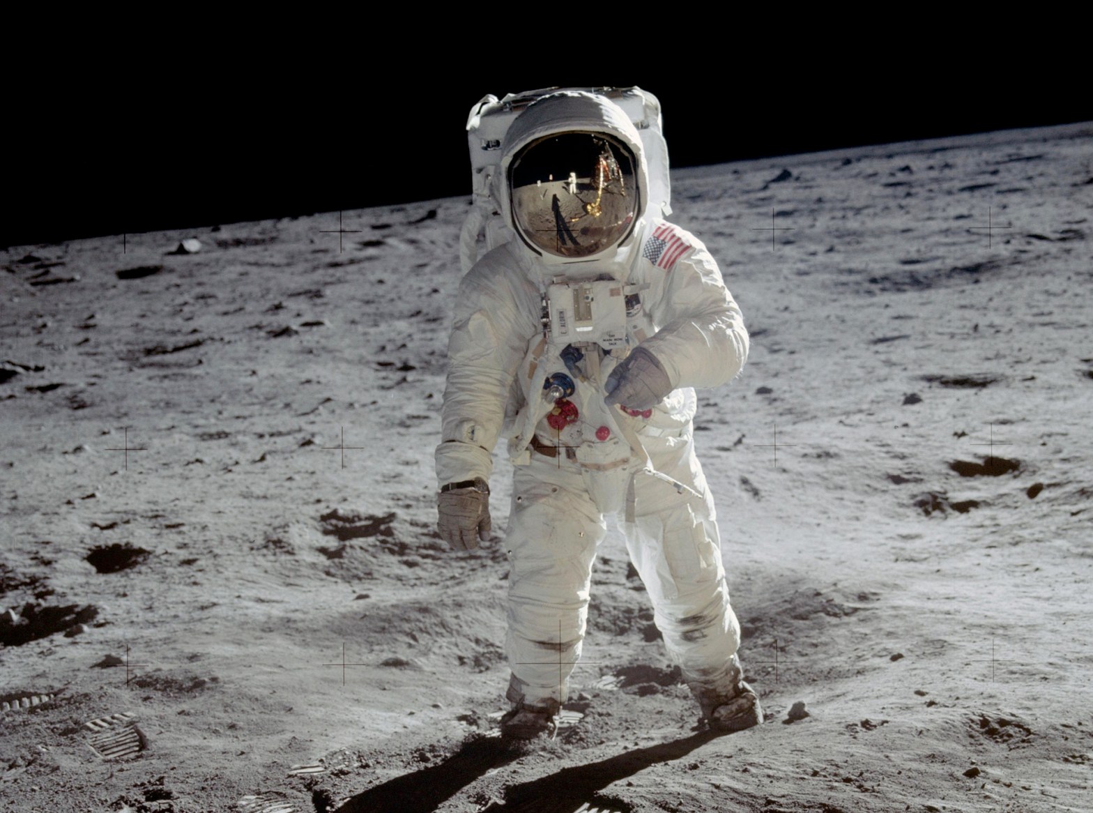 Neil Armstrong was the first man on the Moon — but only a few pictures from the crew’s cameras show him on his historic moonwalk. In one of them (above), he is visible as a reflection in Buzz Aldrin’s helmet. Credit: NASA