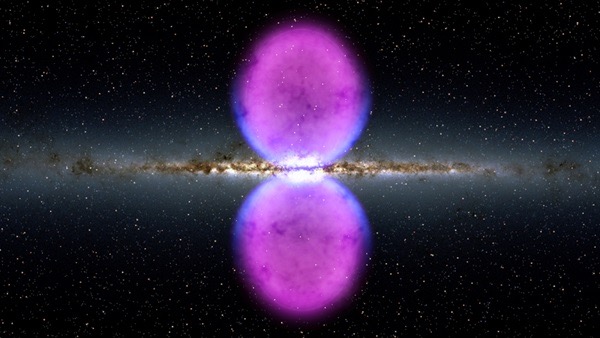 normous expanding bubbles of ultra-powerful gamma rays, each centered on nothingness, meet at our galaxy’s core, as depicted in this illustration of the Milky Way. Discovered in 2010, the origin of these bubbles remains a complete mystery. Credit: NASA’s Goddard Space Flight Center