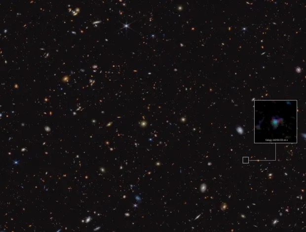 A young galaxy called JADES-GS-z6 was recently targeted with JWST. The powerful telescope noted possible traces of molecules not expected so early in cosmic time. Credit: ESA/Webb, NASA, ESA, CSA, B. Robertson (UC Santa Cruz), B. Johnson (Center for Astrophysics, Harvard & Smithsonian), S. Tacchella (University of Cambridge, M. Rieke (Univ. of Arizona), D. Eisenstein (Center for Astrophysics, Harvard & Smithsonian), A. Pagan (STScI)