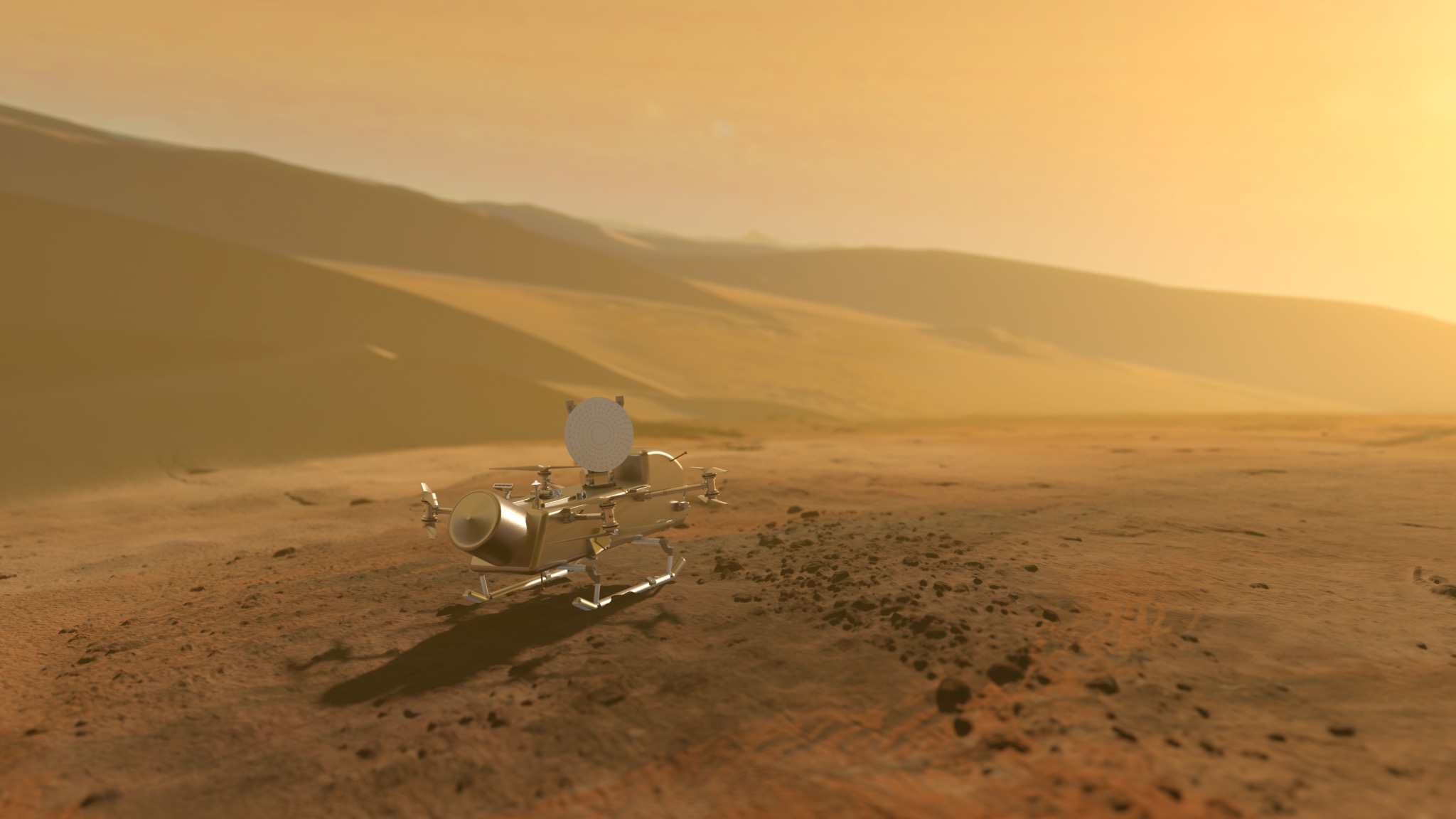 Dragonfly departs and heads off toward its next landing spot on Titan in this artist's impression.
Image credit: NASA/Johns Hopkins APL/Steve Gribben