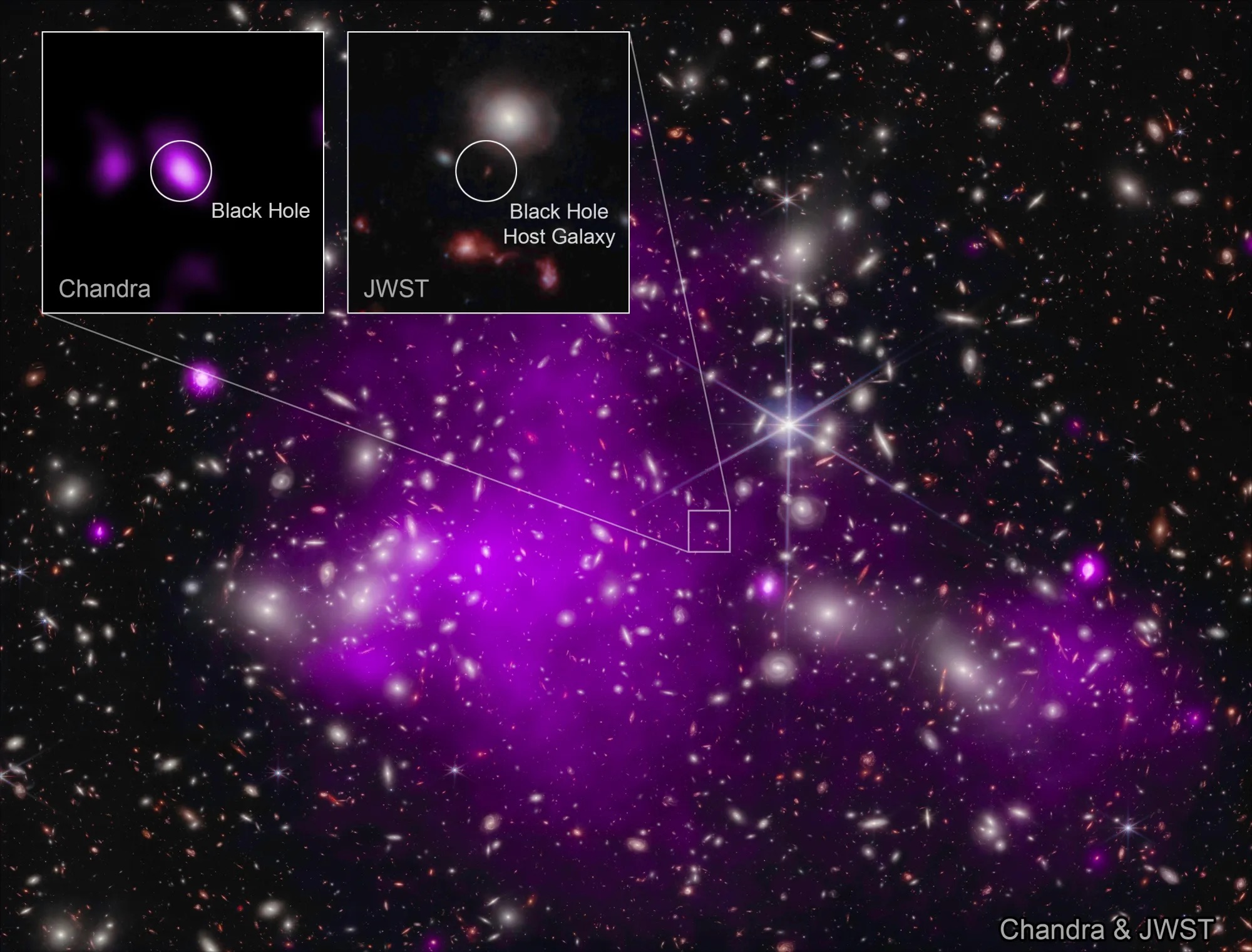 Astronomers found the most distant black hole ever detected in X-rays (in a galaxy dubbed UHZ1) using the Chandra and Webb space telescopes.
Credit: X-ray: NASA/CXC/SAO/Ákos Bogdán; Infrared: NASA/ESA/CSA/STScI; Image Processing: NASA/CXC/SAO/L. Frattare & K. Arcand