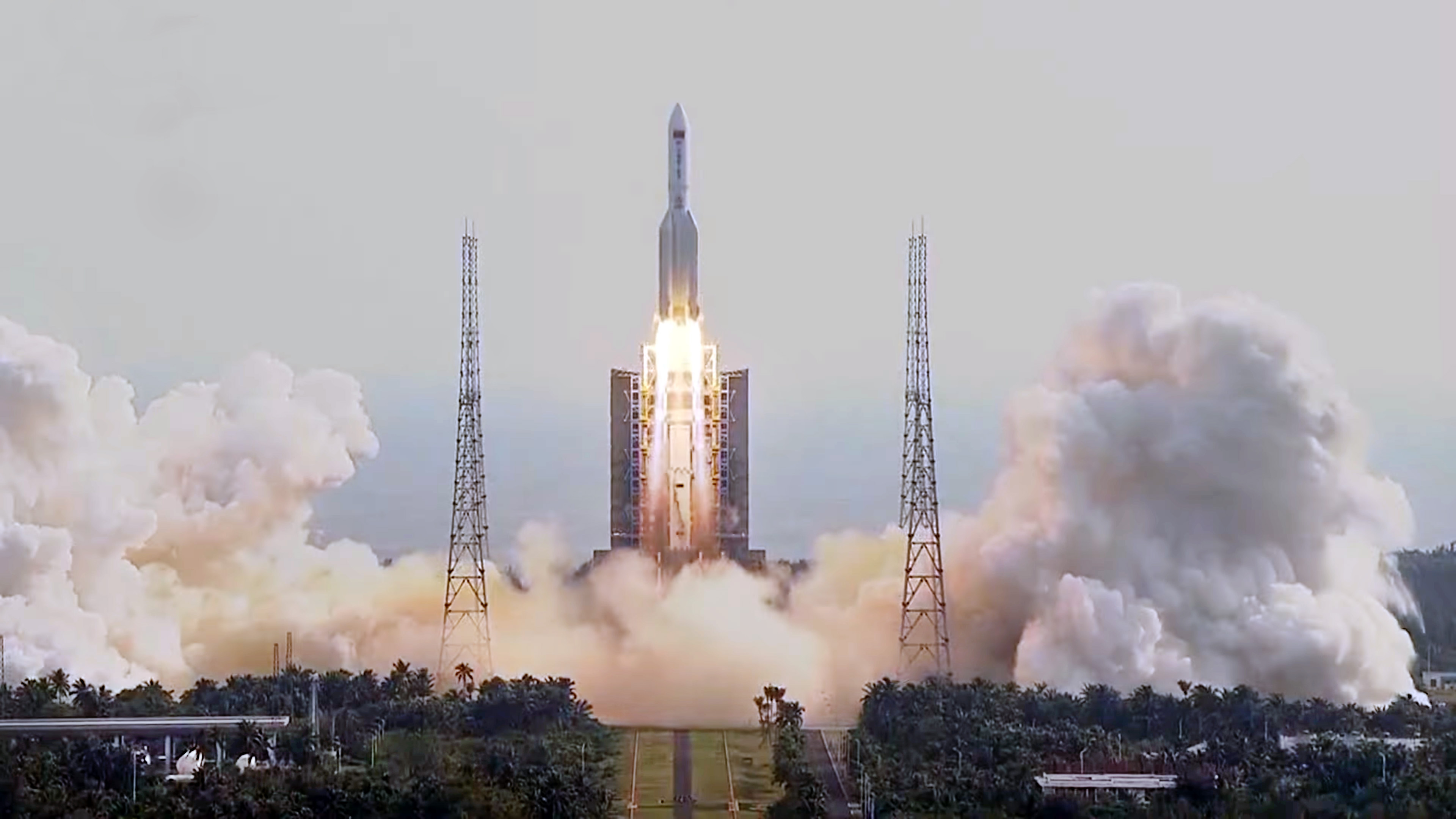 A Long March 5B rocket lifts off from the Wenchang Spacecraft Launch Site on the island of Hainan Oct. 31, 2022, carrying the Mengtian laboratory to orbit — the final module of China’s Tiangong space station. The Long March 5B has prompted sharp criticism from other nations for its design, in which it falls back to Earth in an uncontrolled reentry.