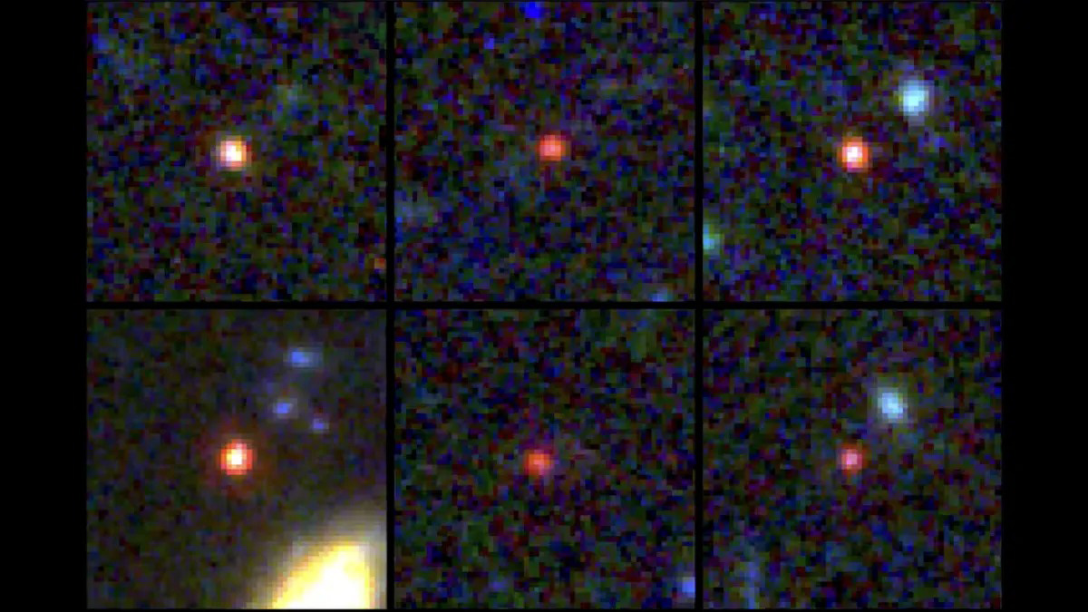 Astronomers combing through early JWST images discovered six galaxy candidates — each appearing as a small red point of light in the cutouts tiled here — that appear to be too massive and bright for their age, less than a billion years after the Big Bang.