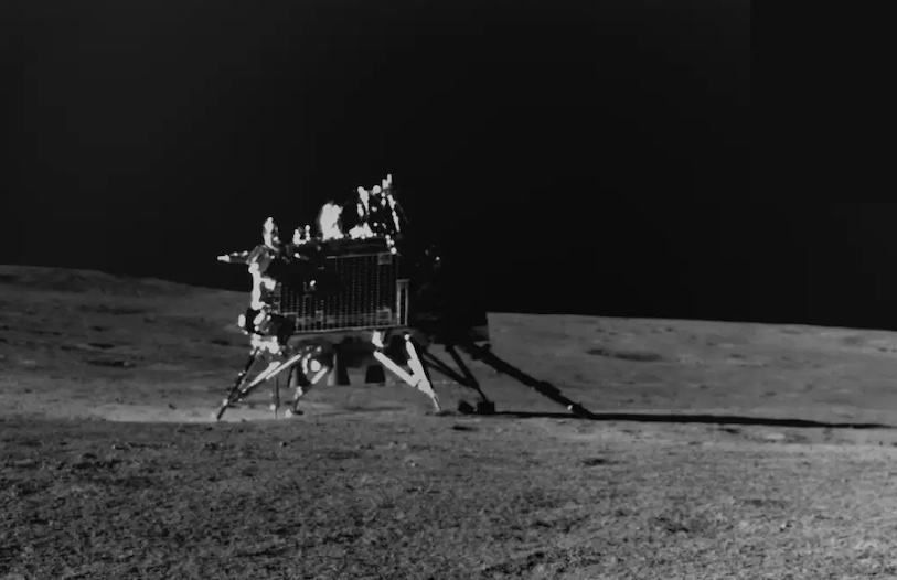 The Pragyan rover took this image of the Vikram lander on the lunar surface Aug. 30, a week after landing. The rover was about 49 feet (15 m) from the lander at the time; it ultimately traversed a total of 330 feet (100 m).