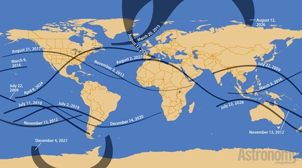 This chart shows the paths of totality for 15 solar eclipses occurring between 2009 and 2028.
Astronomy: Roen Kelly after Fred Espenak, NASA/Goddard Space Flight Center