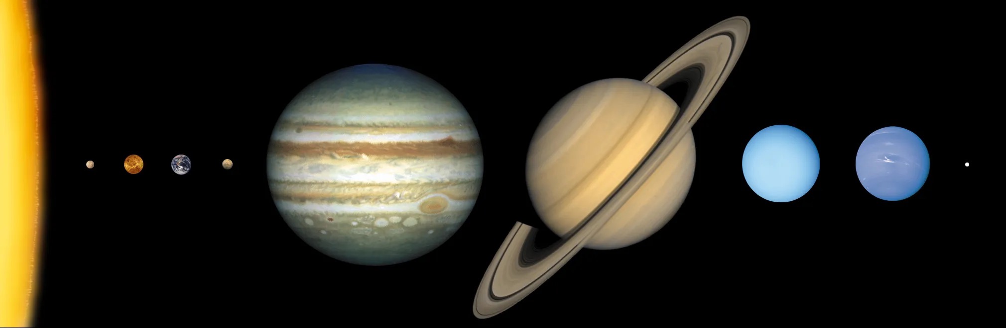This illustration shows the approximate sizes of the planets relative to each other. The planets are not shown at the appropriate distance from the Sun. Credit: NASA.