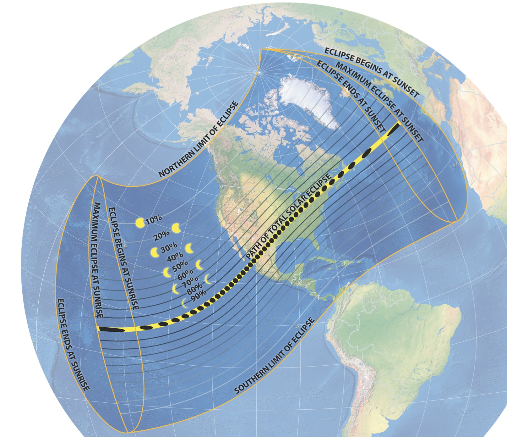 This map shows the extent of the Moon’s outer shadow (penumbra) and inner shadow (umbra), where totality is seen. The black ovals depict the Moon’s shadow at five-minute intervals.