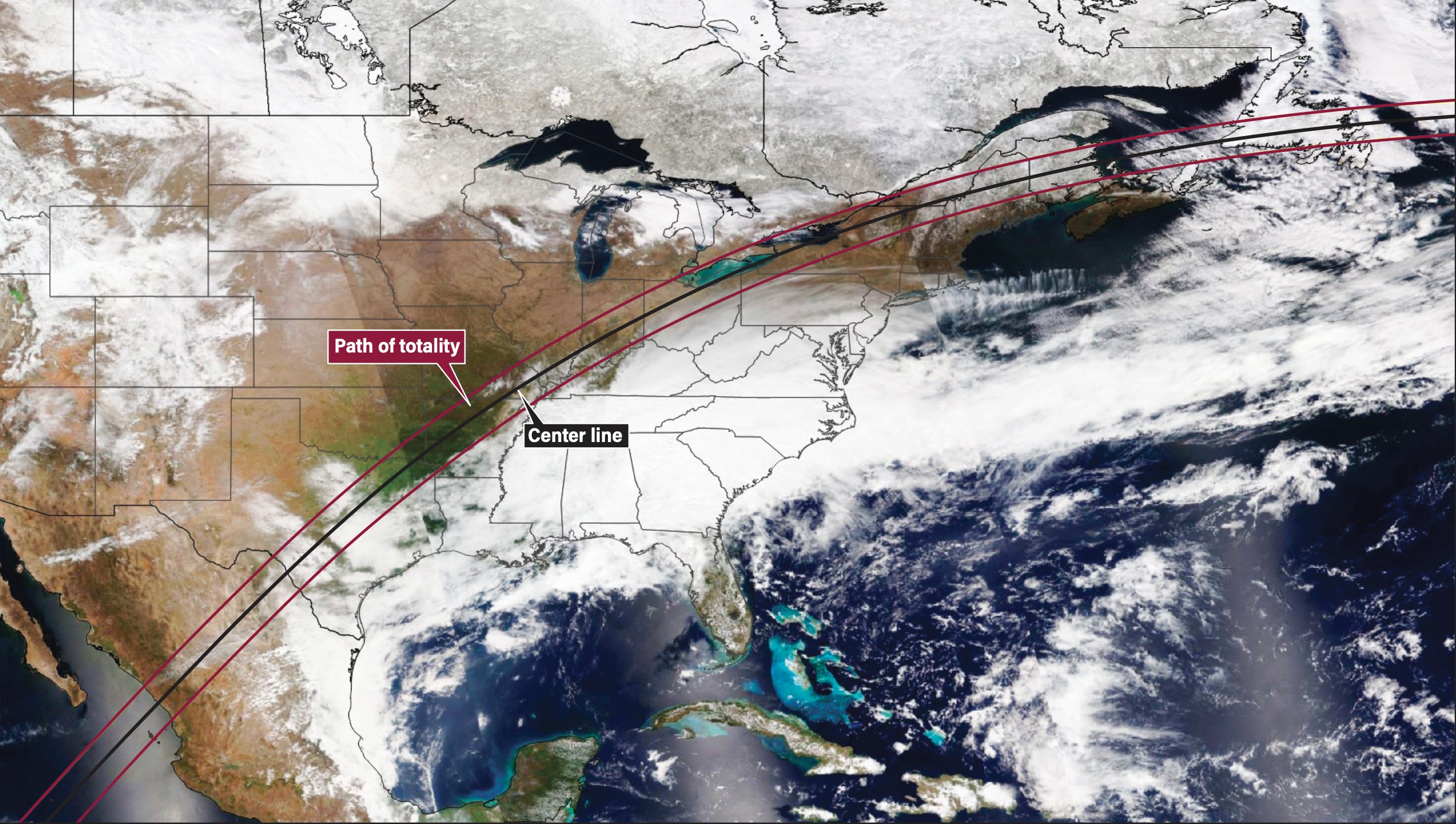 The region of the eclipse track was imaged on April 8, 2023, by the NOAA-20 weather satellite. The breaks in the image are caused by successive satellite overhead passes. Low clouds spreading from the Gulf of Mexico cover much of the Texas part of the track, but most of the remainder is clear. Thin high-level clouds intrude on the eclipse track from Arkansas to Lake Erie; Newfoundland is covered with stratocumulus clouds. Snow on the ground is evident from New Hampshire northeastward.