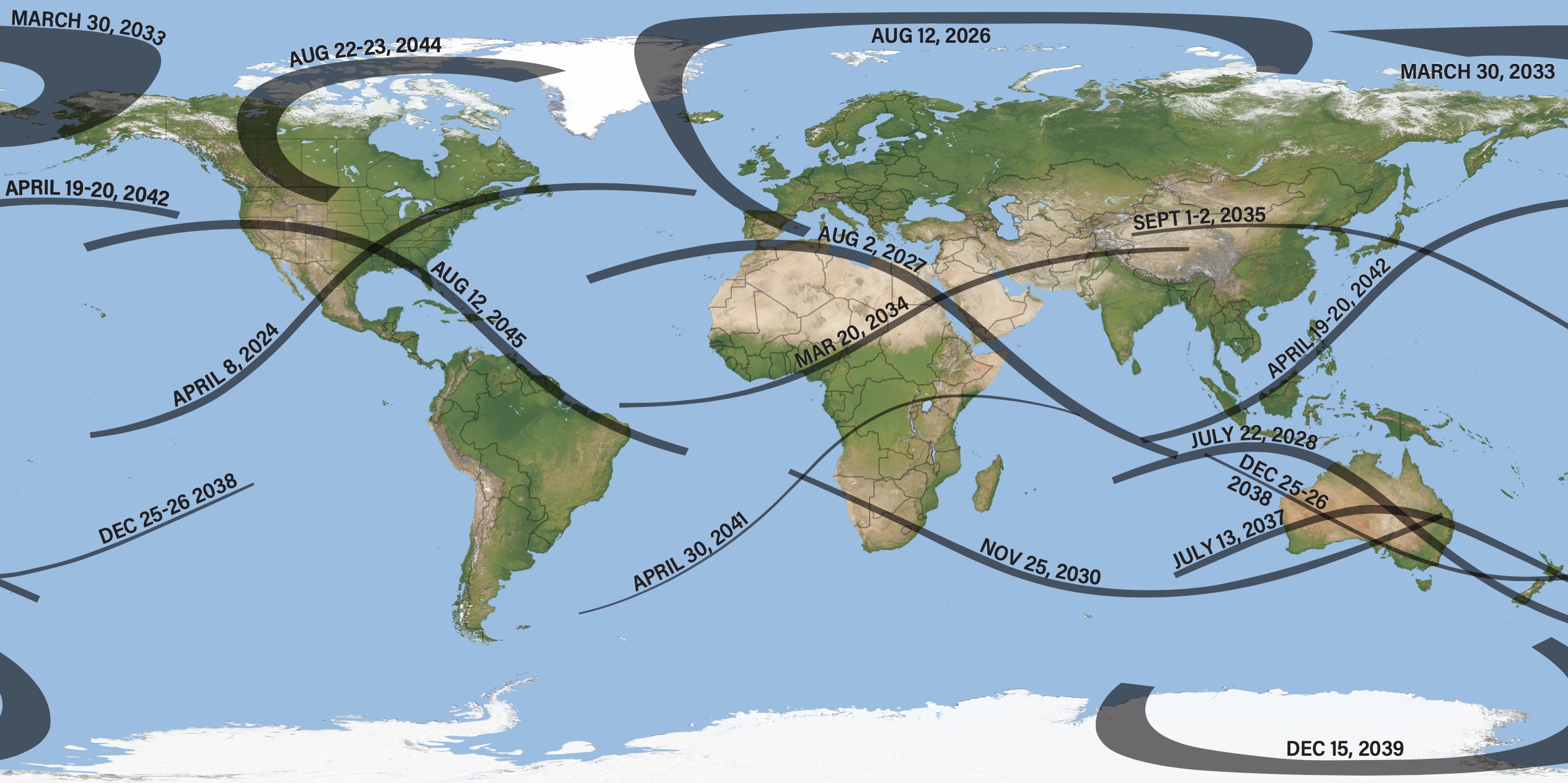 This map shows the locations of each eclipse from this year until the next major U.S. eclipse on Aug. 12, 2045.