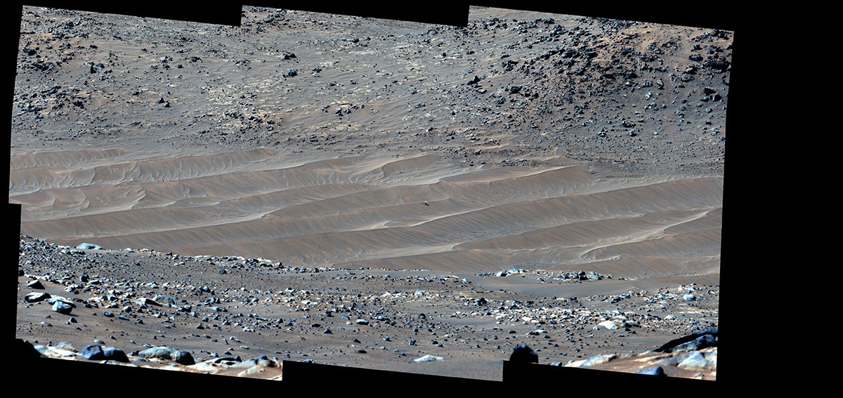 NASA’s Perseverance Mars rover captured this mosaic showing the Ingenuity Mars Helicopter at its final airfield on Feb. 4, 2024.