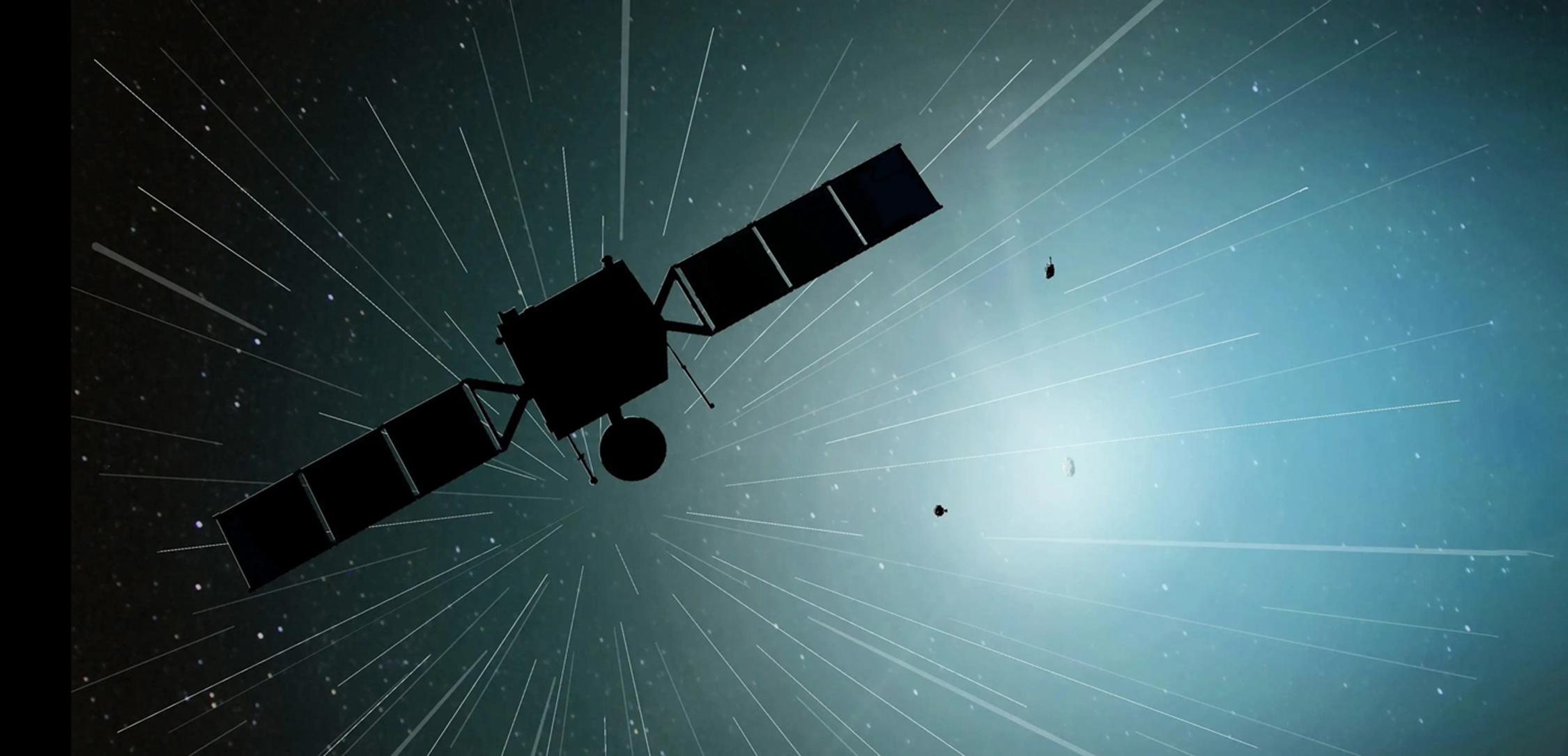 This artist’s concept shows the three spacecraft of the Comet Interceptor mission — the larger, main craft in the foreground at left and the smaller probes in the distance at right — approaching their as-yet-unknown target for study.