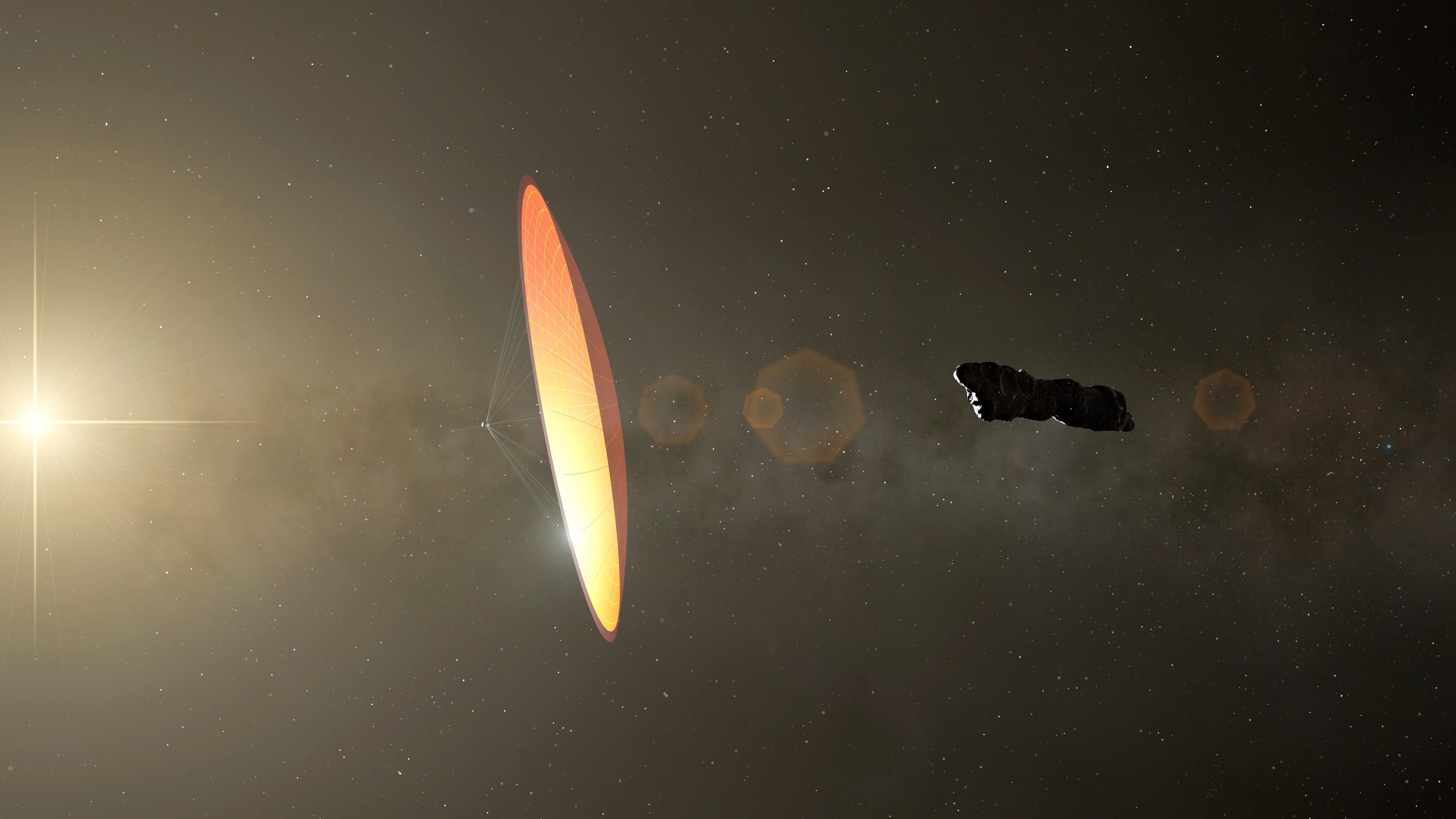 One possible explanation for ‘Oumuamua’s shape is that it is not a natural object, as depicted at right, but an artificially created solar sail or alien probe, such as the device imagined at center.
