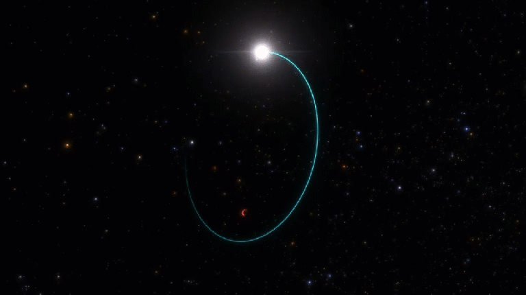 An artist’s conception shows the orbits of both the star (in blue) and the black hole (in red), dubbed Gaia BH3, around their common center of mass. Credit: ESO/L. Calçada/Space Engine (spaceengine.org)