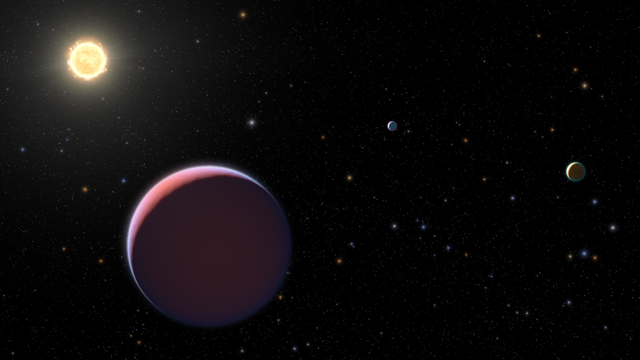 This illustration depicts the Sun-like star Kepler 51 and three giant planets that NASA's Kepler space telescope discovered in 2012–2014. These planets are all roughly the size of Jupiter but a tiny fraction of its mass. This means the planets have an extraordinarily low density, more like that of Styrofoam rather than rock or water, based on new Hubble Space Telescope observations. Credit: NASA, ESA, and L. Hustak, J. Olmsted, D. Player and F. Summers (STScI)