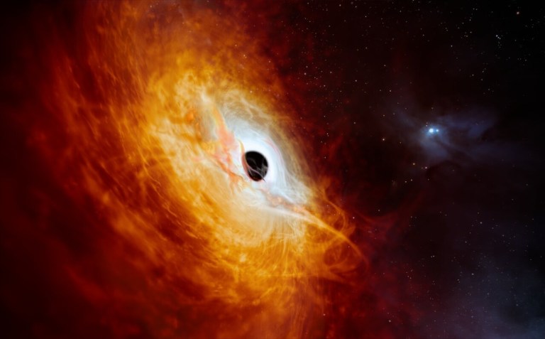 An artistic impression of record-breaking quasar J059-4351, showing the black hole as a dark sphere surrounded by a bright and turbulent accretion disk of material