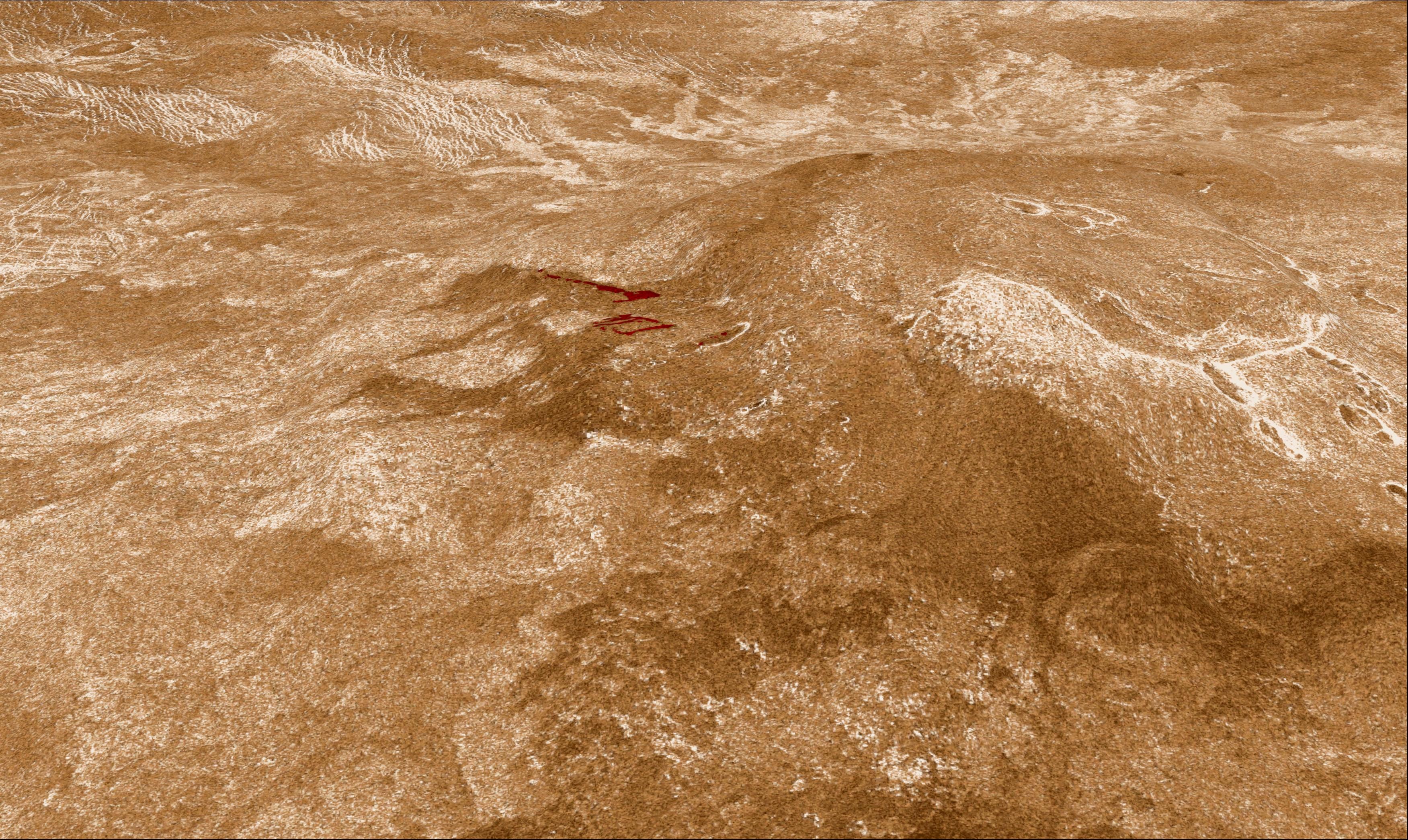 This image showcases the Sif Mons area with the active volcanic region highlighted in red.
Credit: IRSPS - Università d'Annunzio: