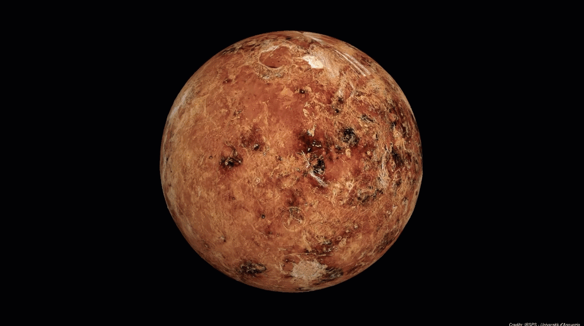 A portion of the video that highlights the areas of Sif Mons and Niobe Planitia on Venus, where ongoing lava flows have been detected. Credit: IRSPS - Università d'Annunzio.