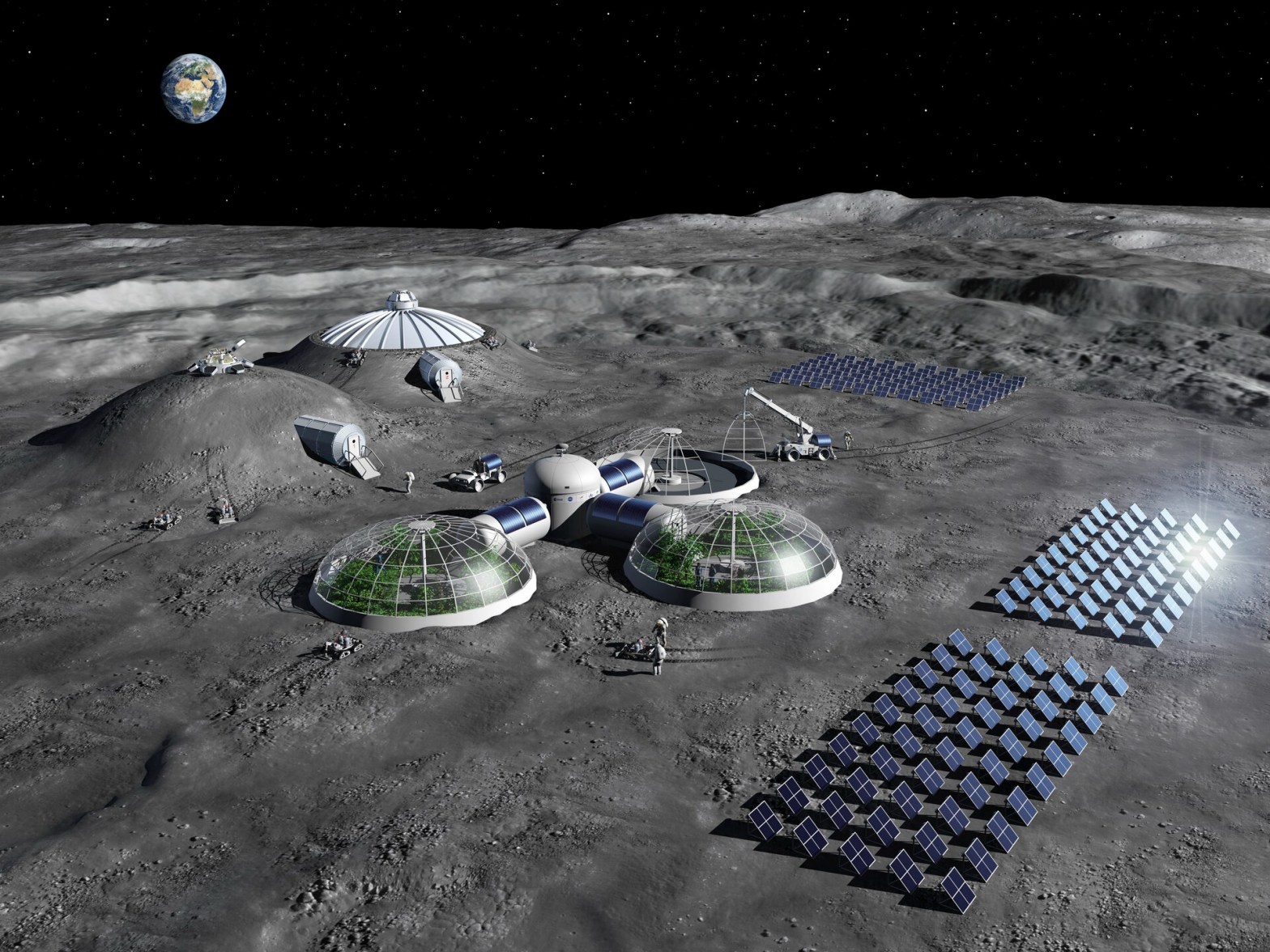 This artist impression of a Moon base shows olar arrays for energy generation, greenhouses for food production, and habitats shielded with regolith. Credit ESA.