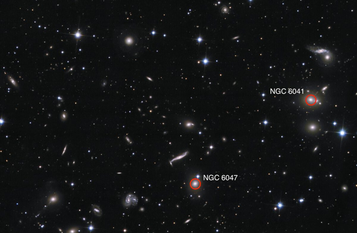 Large amateur telescopes are capable of revealing a few of the brightest members of the Hercules Galaxy Cluster, including NGC 6041 and NGC 6047. NGC 6061 is outside this field of view. 