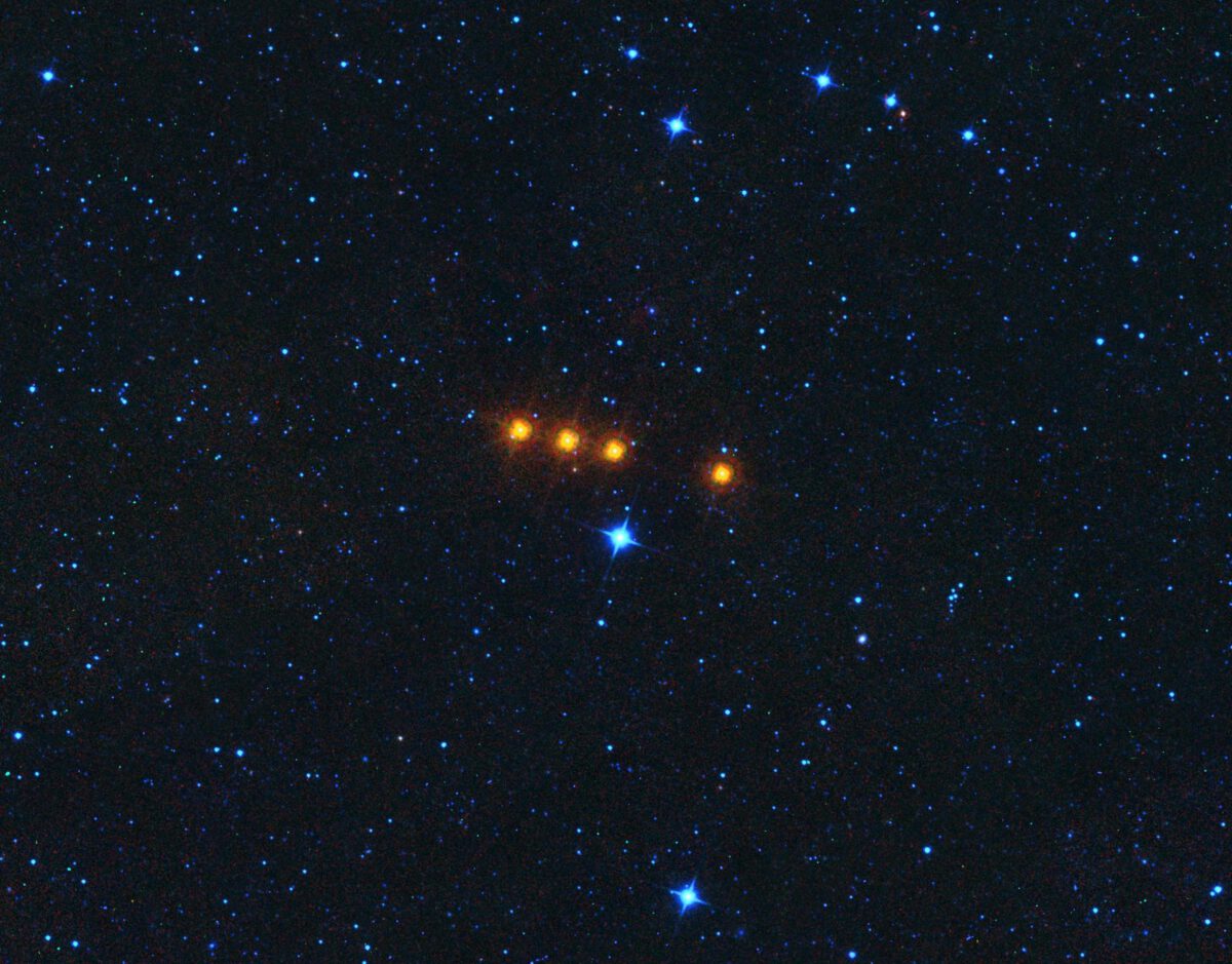 The asteroid Euphrosyne glides across a field of background stars in this time-lapse view from NASA's WISE spacecraft. WISE obtained the images used to create this view over a period of about a day around May 17, 2010, during which it observed the asteroid four times.