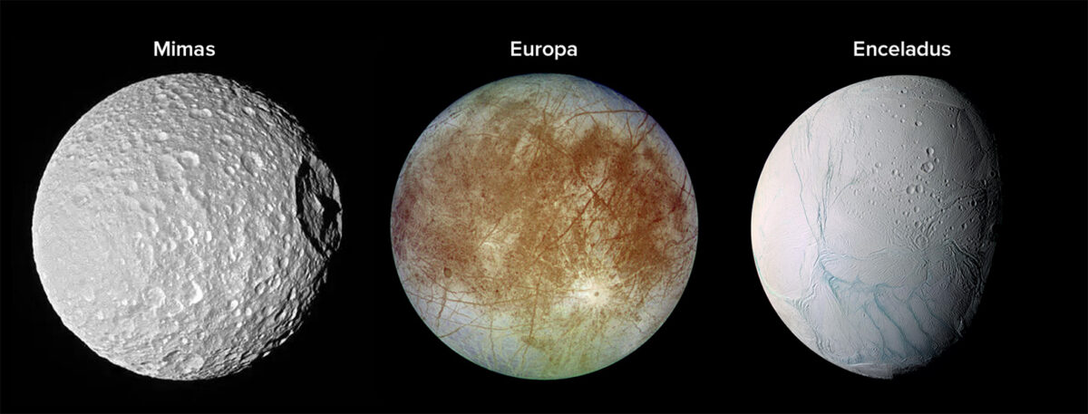 Mimas’ surface looks dramatically different from that of Jupiter’s moon Europa and another Saturnian moon, Enceladus. Both Europa and Enceladus are thought to harbor hidden oceans.