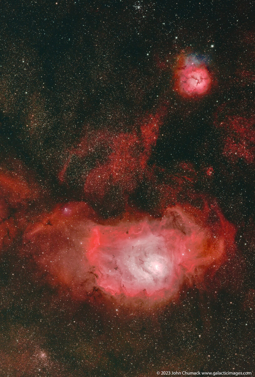 The stunning Lagoon (M8)
and Trifid (M20) nebulae — located at the bottom and top of this image, respectively — display a diverse range of objects and systems, such as open clusters and emission, reflection, and dark nebulae.