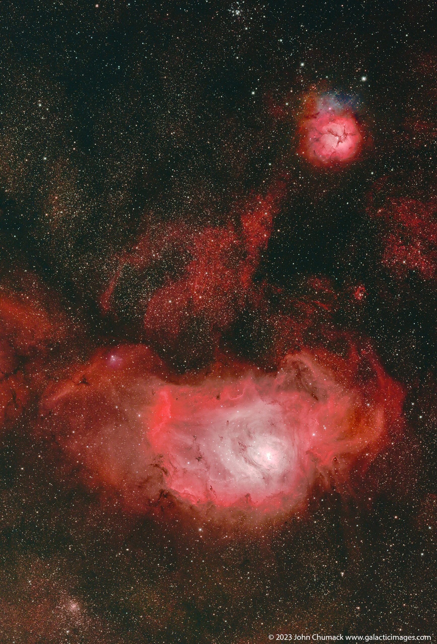 The stunning Lagoon (M8) and Trifid (M20) nebulae — located at the bottom and top of this image, respectively — display a diverse range of objects and systems, such as open clusters and emission, reflection, and dark nebulae.