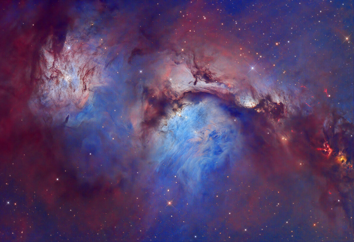 The blue reflection nebula M78 lies about 1,600 light-years away in Orion. It is a cloud of interstellar gas and dust that owes its luminosity to embedded, bright, blue, early B-type stars — making it the brightest diffuse reflection nebula in the Orion B molecular cloud complex.