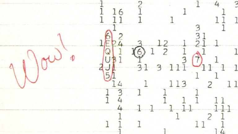 A close-up image shows printed black alphanumeric characters arranged in sparse vertical columns on lined, light green computer paper. To the left of the columns, the word "Wow!" is written vertically in bright red ink, with a red line circling a specific vertical sequence of characters—"6EQUJ5"—nearby. A few other numbers within the columns are circled in red or black ink, creating clear contrast against the light paper.