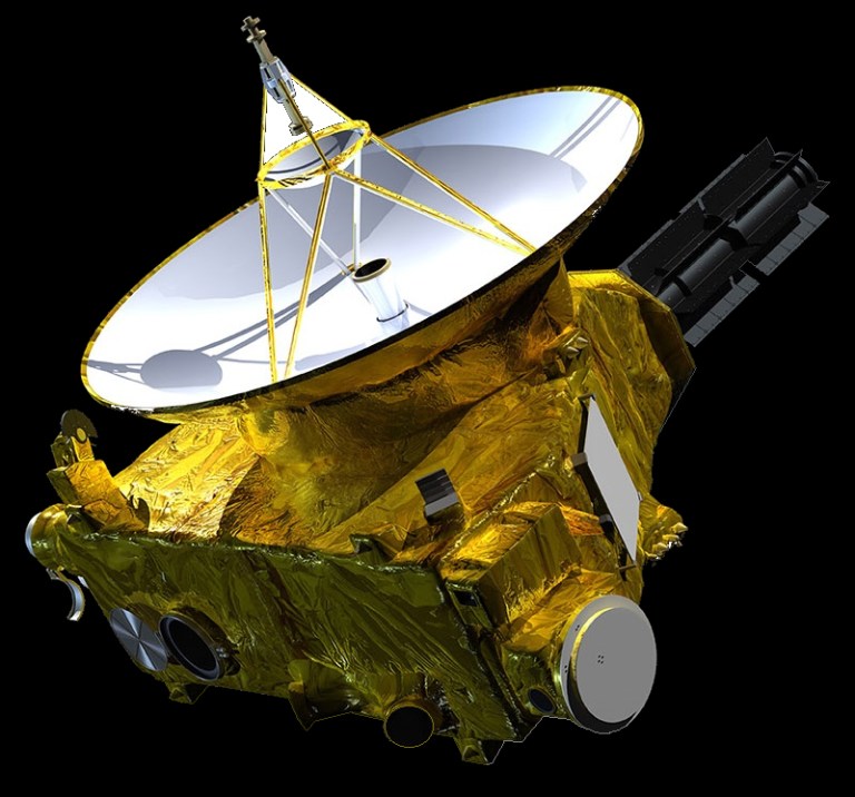 A large spacecraft covered in crumpled gold foil occupies most of the frame against a solid black background. A large, prominent white dish antenna with gold supports is angled upward on the top of the vehicle, while a dark, cylindrical instrument structure extends outward from its upper right side. The scene is brightly lit from the upper left, creating a strong contrast between the gleaming gold surfaces, the bright white dish, and the dark void.