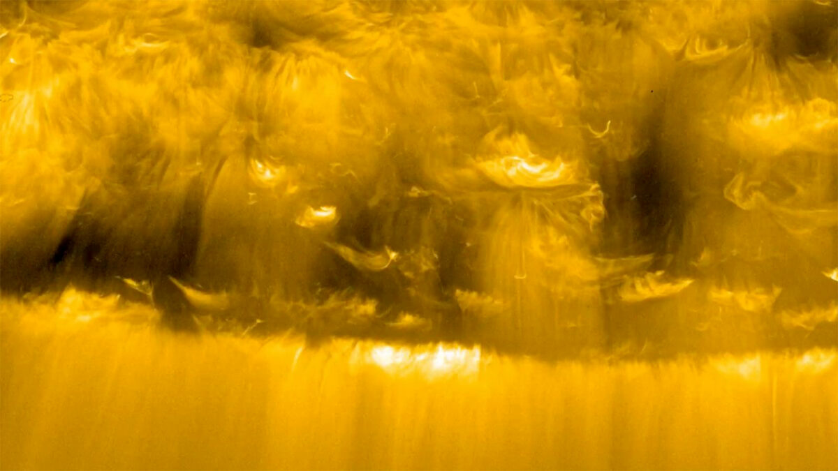 NASA and ESA dispatched the Solar Orbiter probe to take the closest-ever images of our Sun and help unravel several mysteries, including the composition and generation of the solar wind. In March 2022, the craft imaged the region inside a coronal hole near the Sun’s south pole in ultraviolet light. Within the hole, researchers discovered numerous short-lived jets, called picoflares, each spewing plasma out into space — perhaps the origin of the solar wind. In the mosaic, which is shown in negative, each jet appears as a dark streak.
