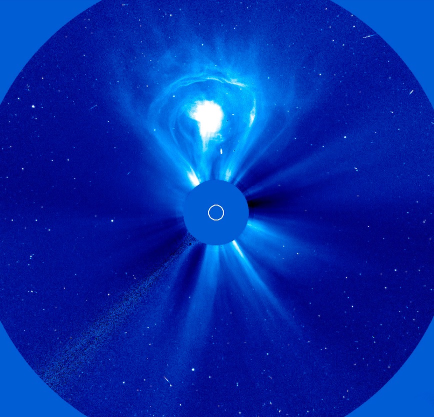 The Large Angle and Spectrometric Coronagraph experiment aboard the SOHO spacecraft is designed to block out the bright Sun to focus on events that occur in the corona. On Feb. 27, 2000, it captured a lightbulb-shaped coronal mass ejection blasting away from the Sun and into space.
