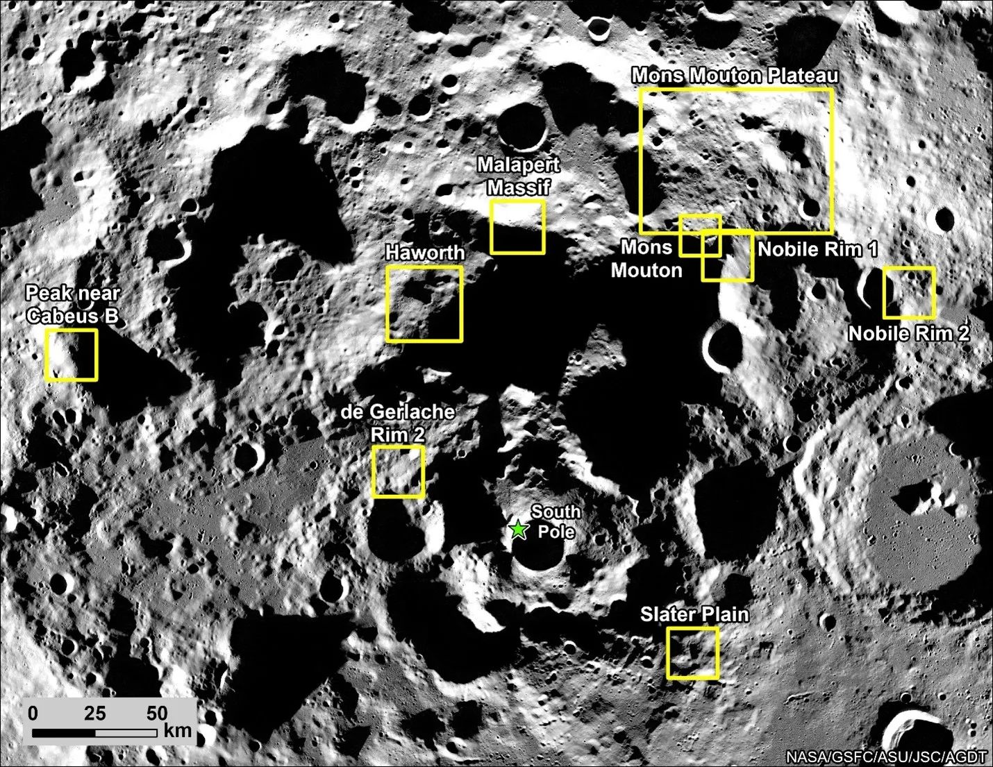 A high-contrast NASA satellite map of the Moon's South Pole region, featuring yellow boxes and labels identifying candidate landing sites for the Artemis program, such as Mons Mouton Plateau, Malapert Massif, and Haworth crater.