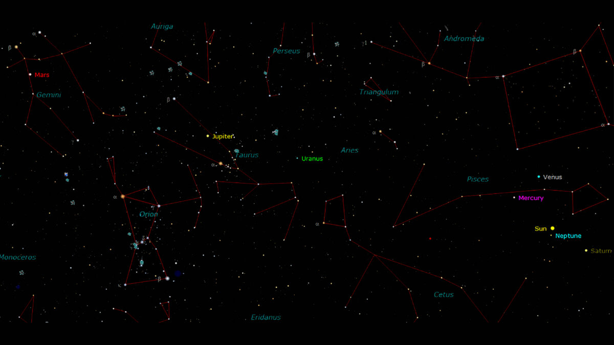 Jupiter and Mars are high in the sky this week. Go out and compare their colors. credit: M. Bakich/TheSKY software