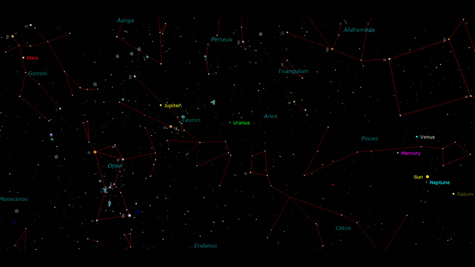 Jupiter and Mars are high in the sky this week. Go out and compare their colors. credit: M. Bakich/TheSKY software