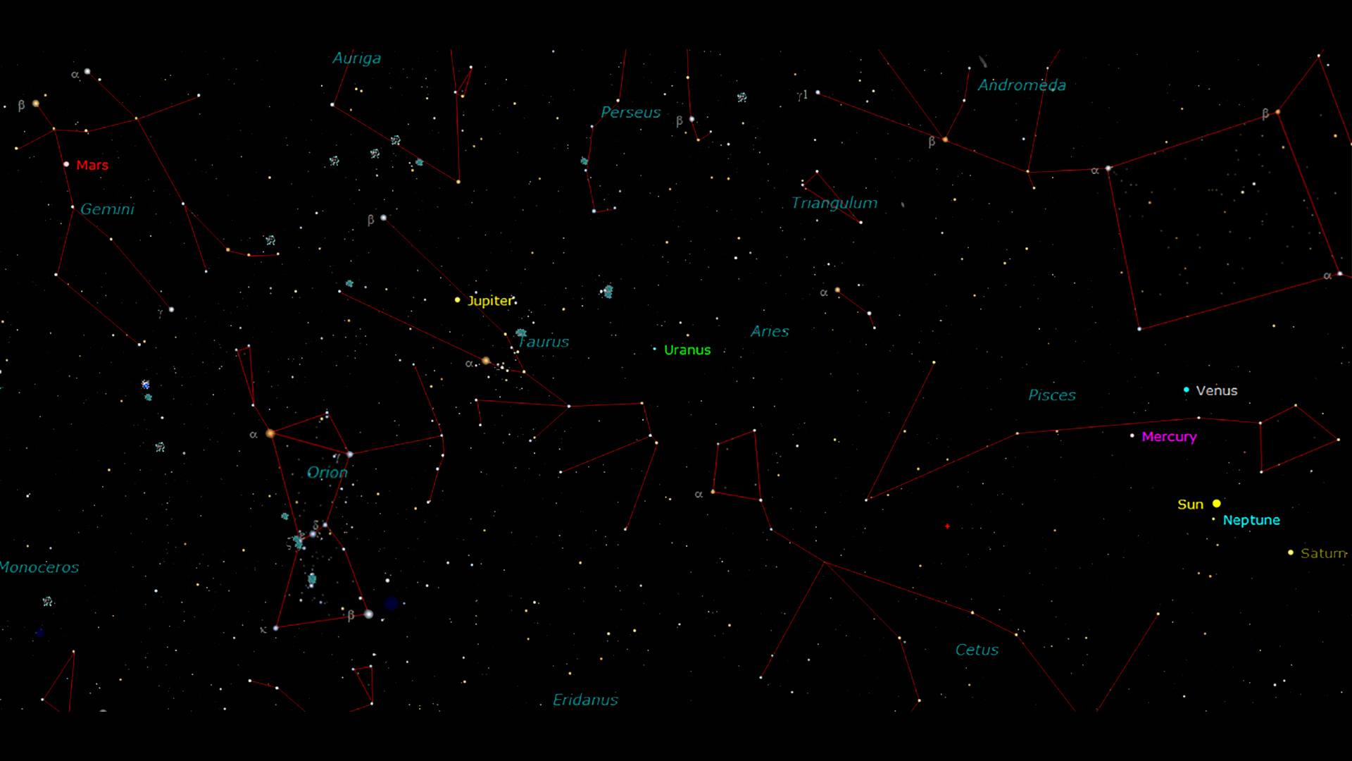 Jupiter and Mars are high in the sky this week. Go out and compare their colors. credit: M. Bakich/TheSKY software
