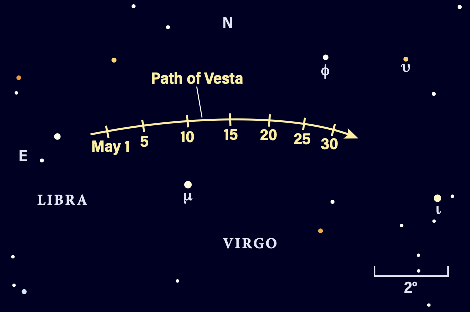 Path of asteroid 4 Vesta in May 2025